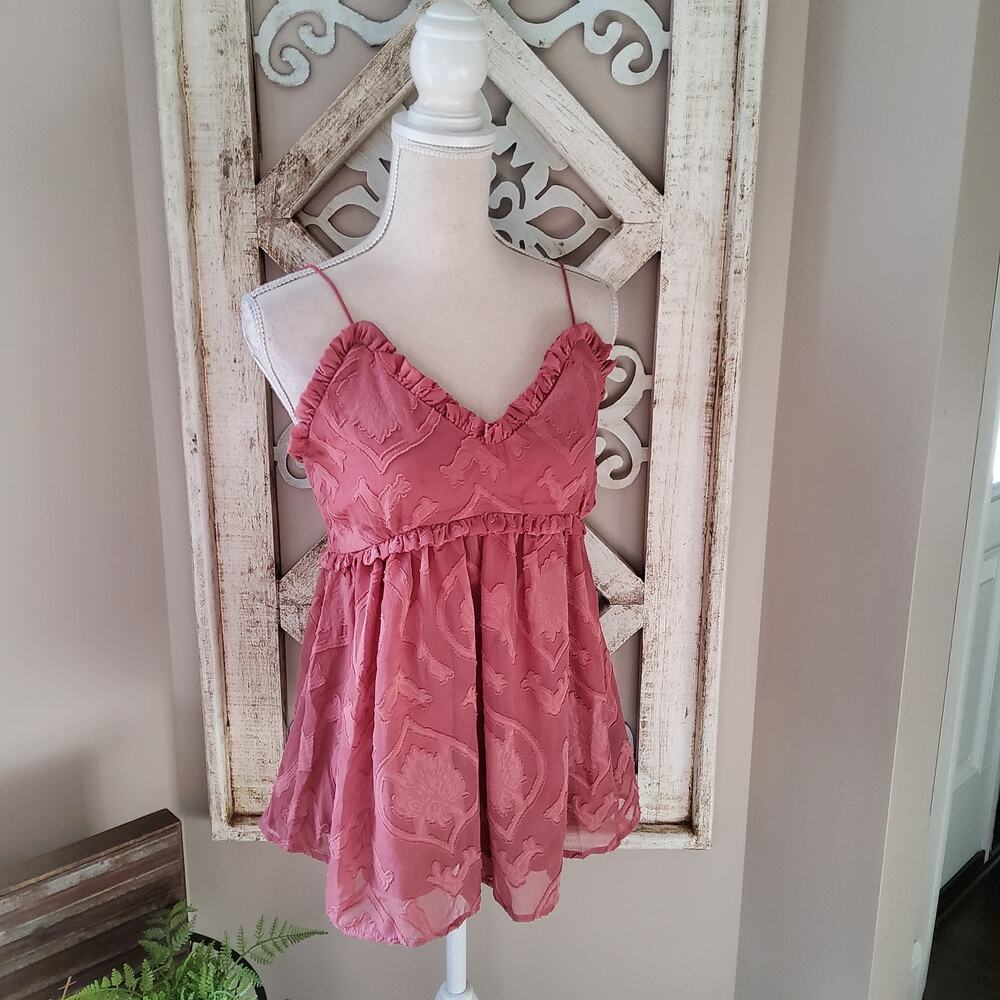 Fanco Women's Flowy Babydoll Button Back Ruffle Tank Top in Dusty Rose Small